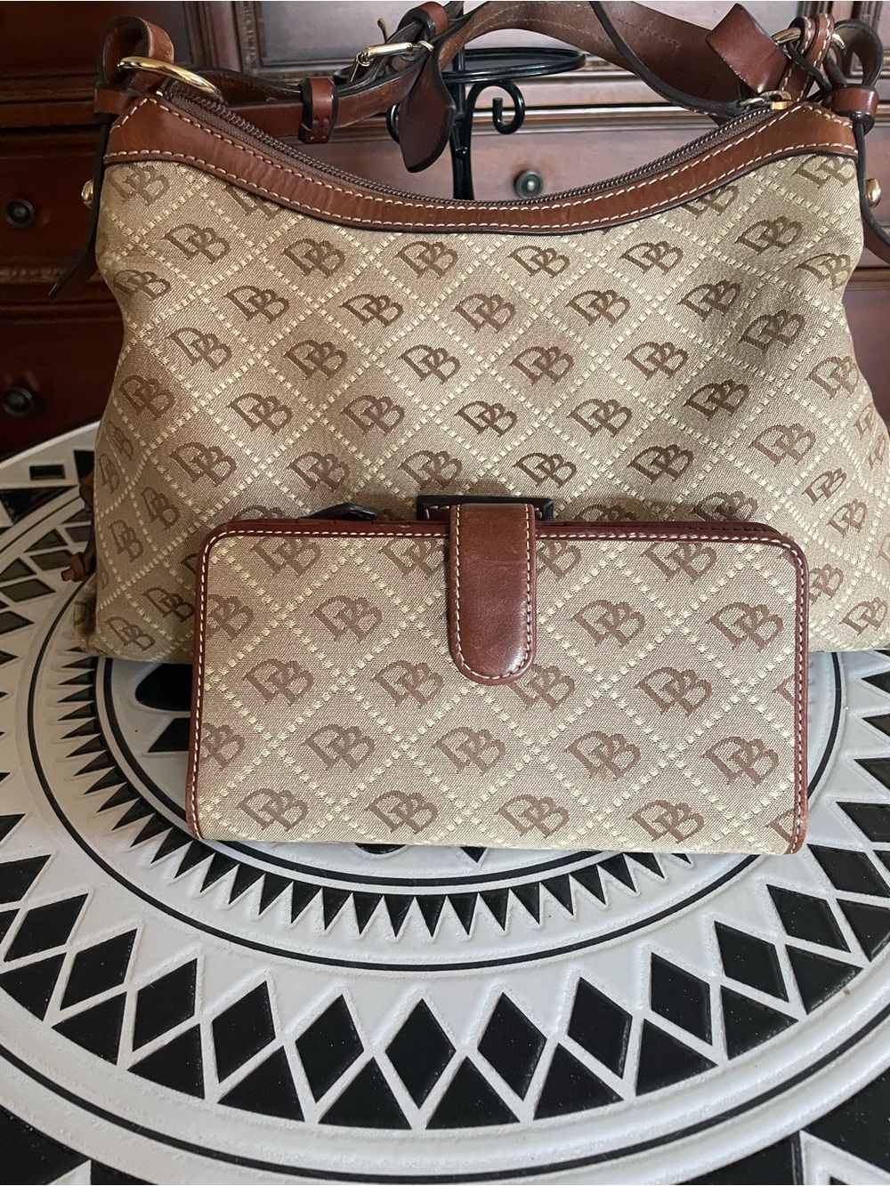 Dooney & Bourke Brown-Beige Monogram Signature Canvas Shoulder Handbag